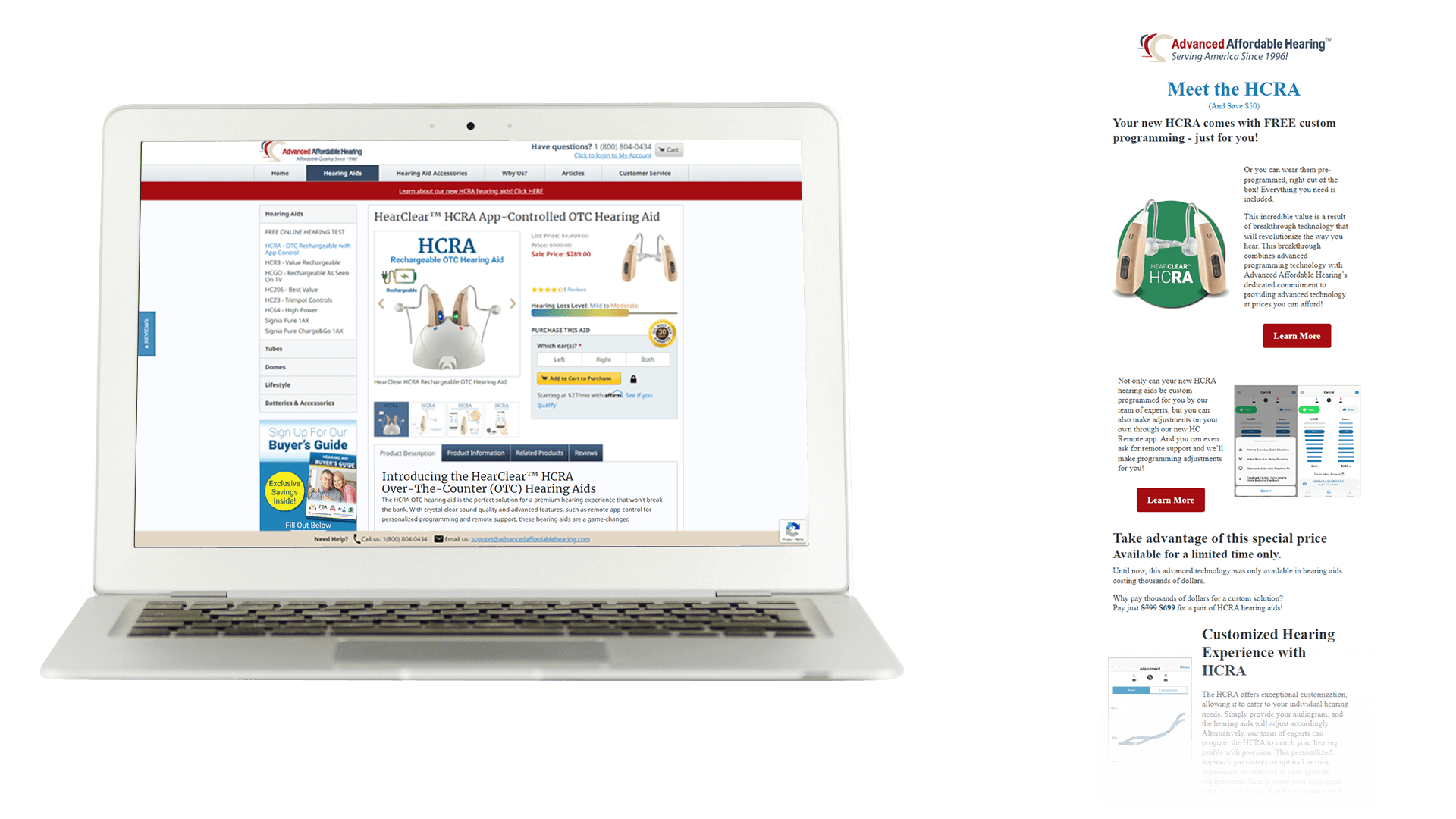This image showcases a cohesive brand experience for HearClear™ HCRA, an advanced hearing aid offered by Advanced Affordable Hearing. On the left, you can see the HearClear™ HCRA product page on their Drupal 7 e-commerce website. On the right, an email introduces the same product, maintaining consistent visual elements and messaging. This demonstrates how Cat's Imaging & Design ensured a unified brand identity across different touchpoints.