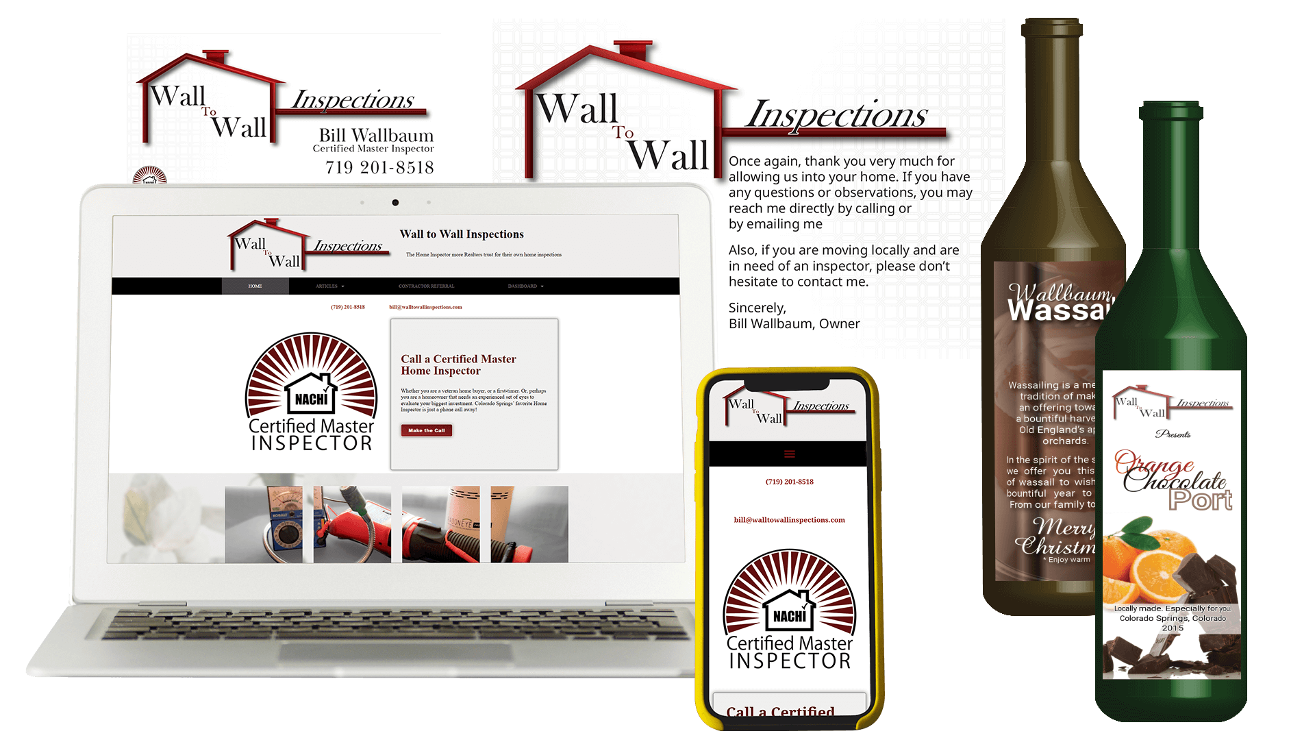 This collage showcases various design elements for Wall to Wall Inspections' brand identity and marketing materials, including mockups of their mobile-friendly website in both mobile and desktop views, bottle labels, and other printed materials like a postcard and business cards.