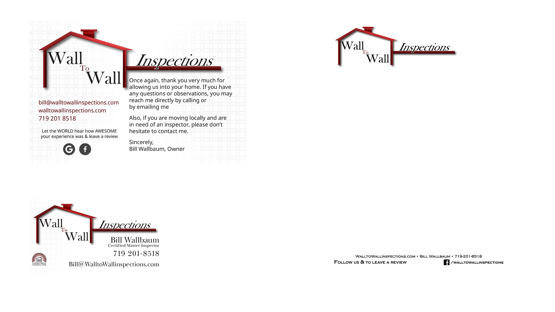 This collage showcases the Wall to Wall Inspections brand identity by demonstrating how a cohesive visual style is applied across various marketing materials, including a business card, letterhead, and postcard.
