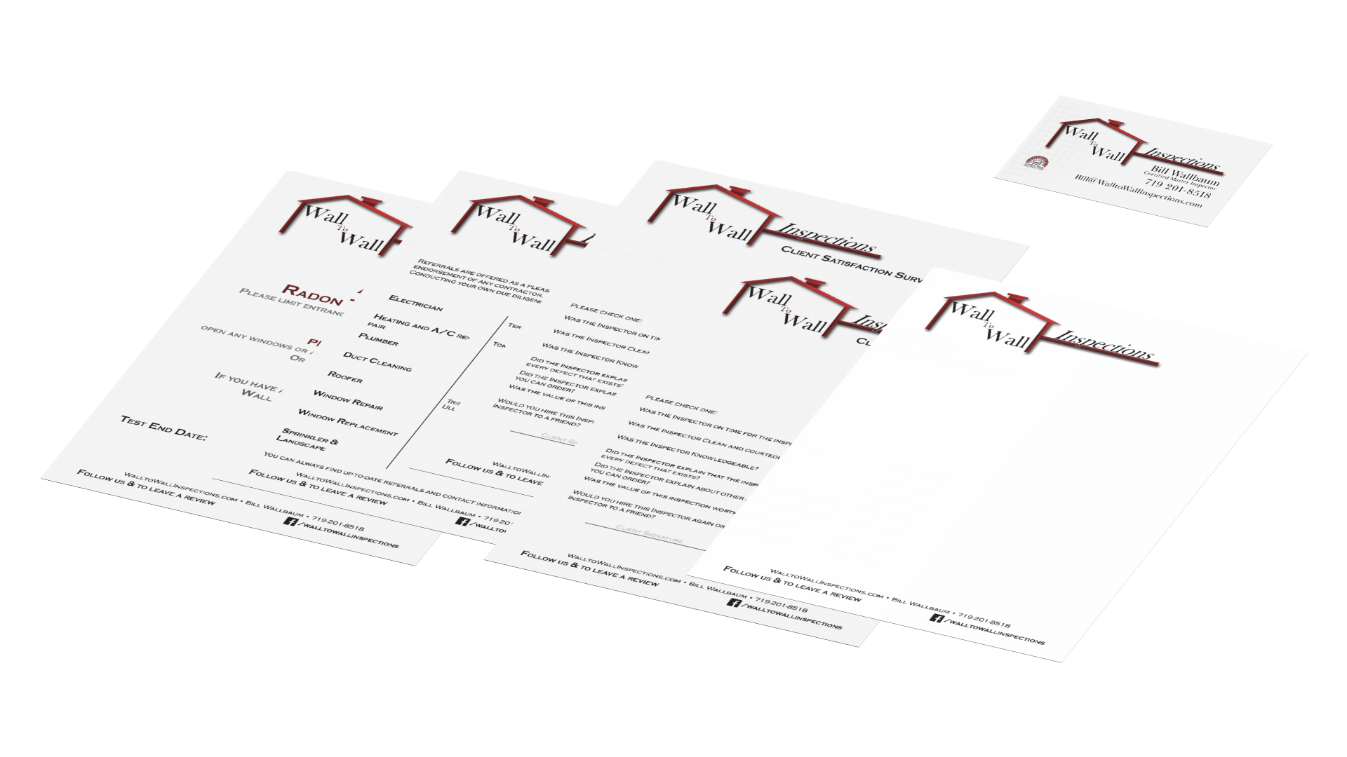 This image demonstrates the impact of a unified brand identity by showcasing how the Wall to Wall Inspections logo and design elements are consistently applied across various printed materials, including letterhead, business cards, and potentially other marketing collateral. This ensures a cohesive brand image across all touchpoints.